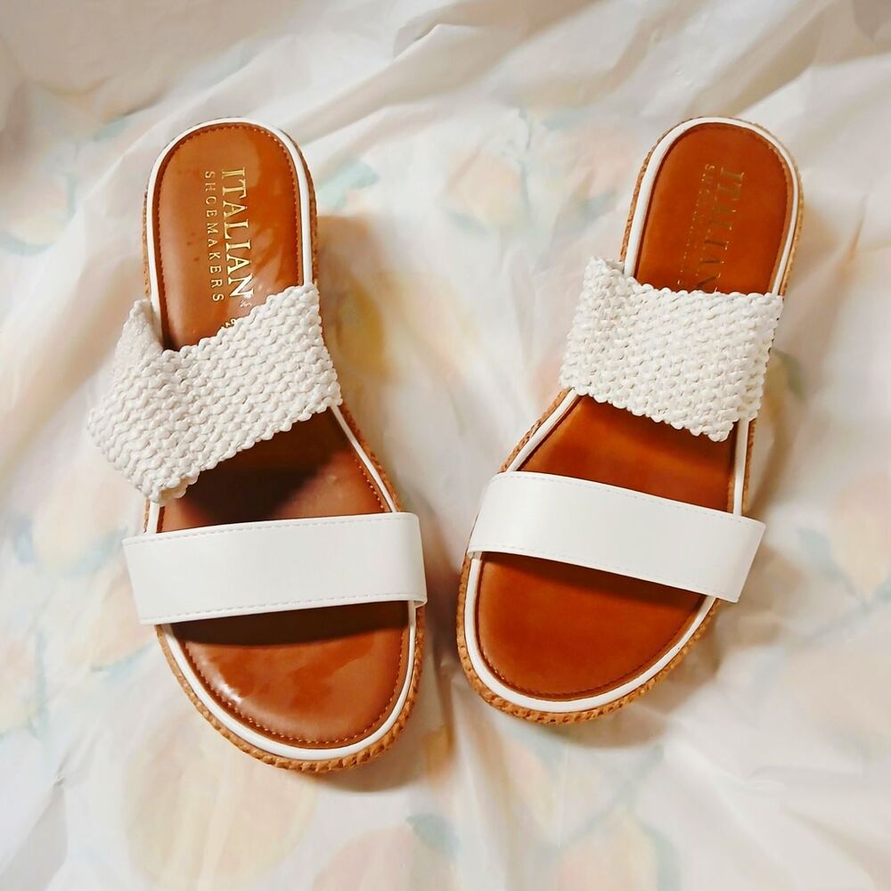 Italian Shoemakers White Wedge Slide Sandals Slip-On Textured Woven US 9